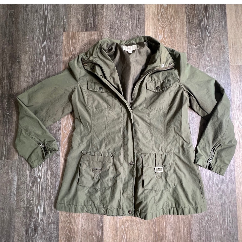 Merona Field Jacket Women Large Green Utility Multi Pocket‎ Full Zip Mock Neck